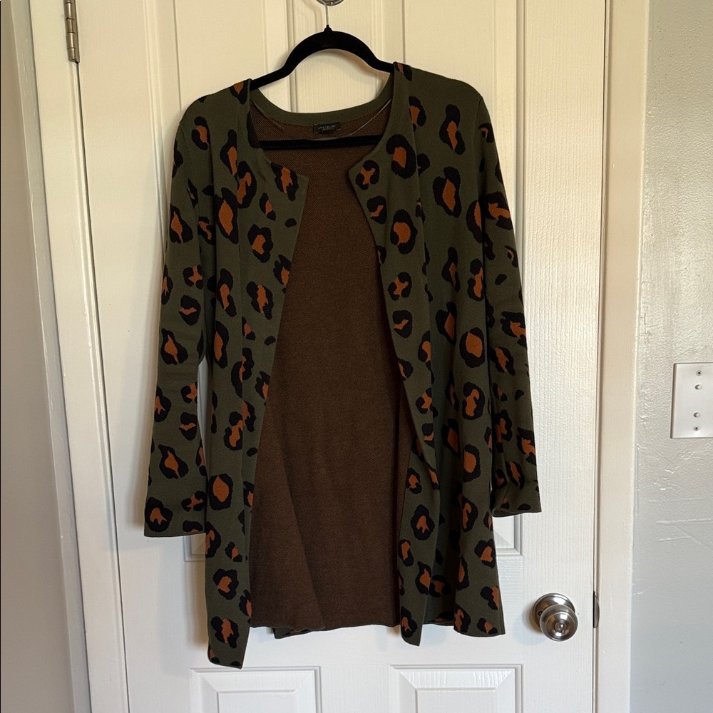 Ann Taylor Olive and Orange Leopard Patterned Cardigan